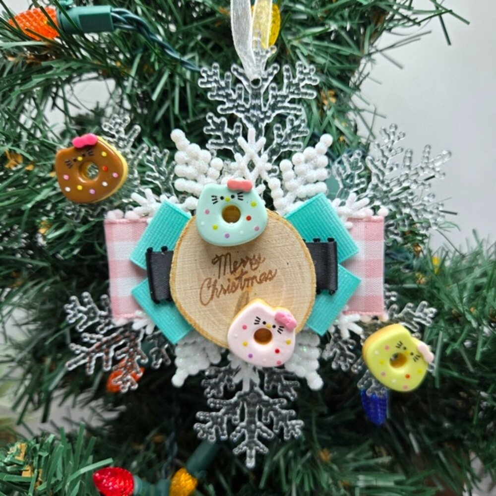Sprinkle Donut Cats Merry Christmas Cat Lady Ornament Snowflake Cat Kitty OOAK